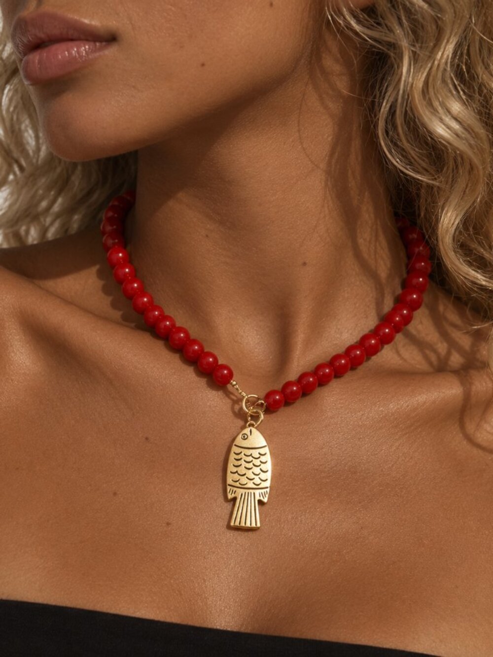 Red Beaded Fish Pendant Necklace Gold Tone